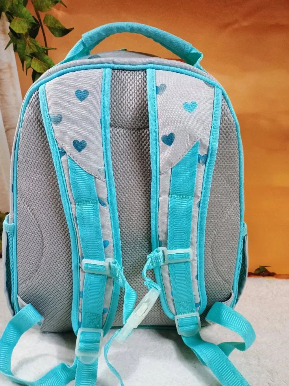 VGUC Kids Pottery Barn Aqua & Gray Glitter Heart Backpack School Bookbag